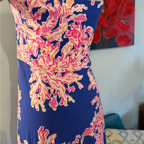 Lilly Pulitzer Lolita strapless midi dress Blue Pink SIZE M Medium Padded Chest - Image 3