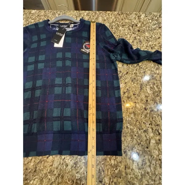 Lauren Ralph Lauren Women Black Watch Plaid Green Sweater Beaded Crest Size PXL - Image 11