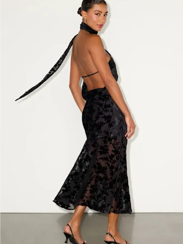 Lulus Alis Black Velvet Burnout One-shoulder Sash Midi Dress - Size XL - Image 4
