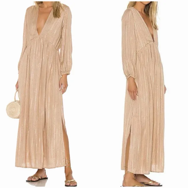 Sundress REVOLVE Chicago Long Maxi Dress XS/S Gold Sequin Lurex Boho Resort NWT - Image 8
