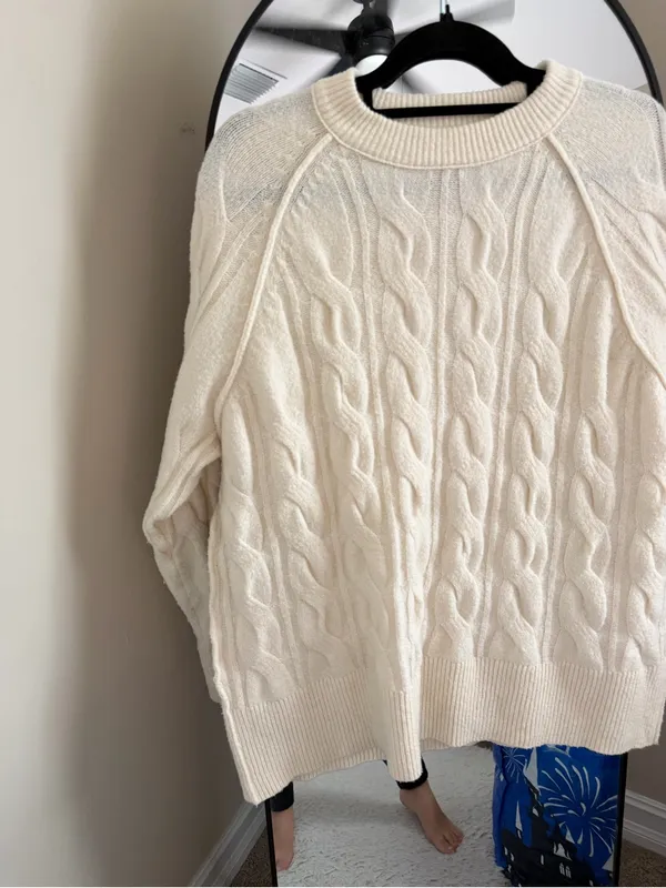 aerie Cream Cable Knit Crewneck Sweater - Image 2