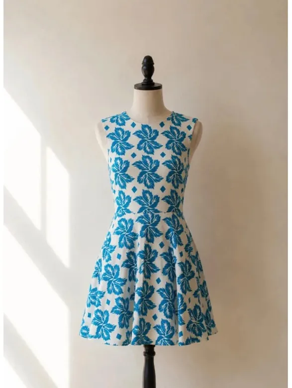 Diane von Furstenberg Blue White Floral A-Line Mini Dress Size S - Image 3