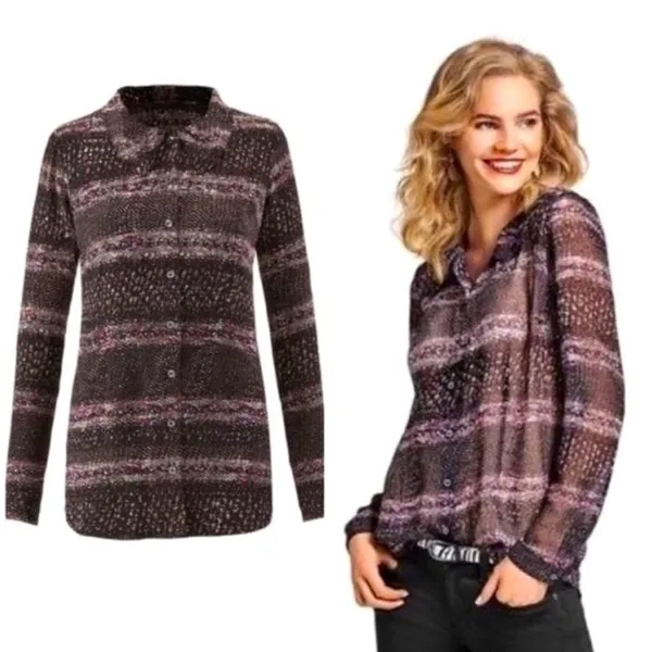 Cabi Large Semi Sheer Button Front Blouse Black Abstract Print Long Sleeve Top - Image 2