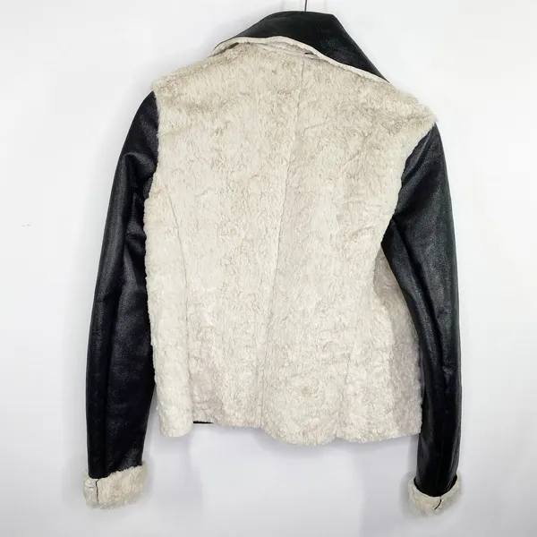 FC Jeans Women Faux Fur Lined Moto‎ Jacket Black Cream Sz 6 Sherpa Vegan Leather - Image 2