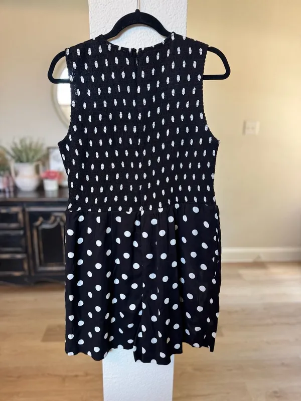 Calvin Klein Polka Dot Smocked Romper Size 14 Black White Sleeveless - Image 4