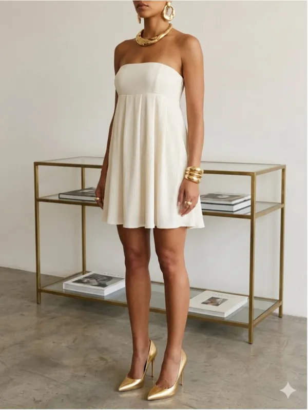 MISSGUIDED White Strapless Babydoll Mini Dress Pleated Empire Waist Festival XS - Image 2