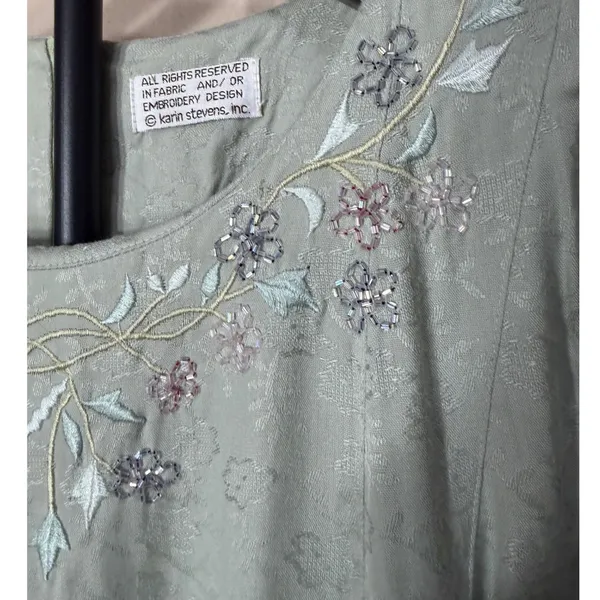 Karin Stevens Vintage 90s Sage Green Floral Damask Embroidered Maxi Dress‎ Large - Image 3
