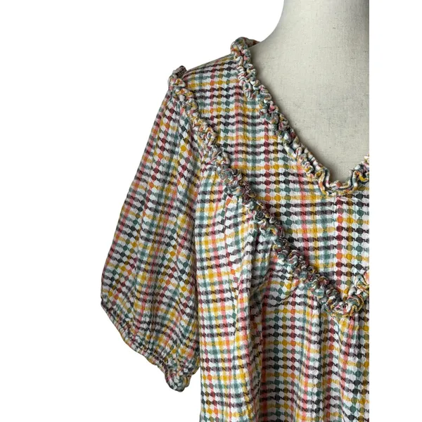 Old Navy‎ Ruffle Dobby Gingham Top Women Medium White Cotton Puff Sleeve Cotton - Image 5