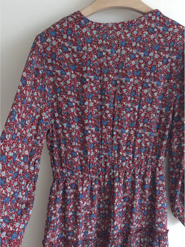 Lucky Brand Floral Mini Dress Burgundy Blue Boho Long Sleeve Size M - Image 7