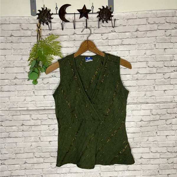 Vintage Cotton Green Striped Surplice Boho Sleeveless Top - Image 2