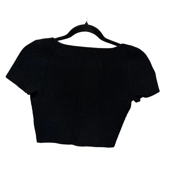 Babaton Aritzia Black Ribbed Square Neck Crop Top Short Sleeve Small 92536 - Image 2