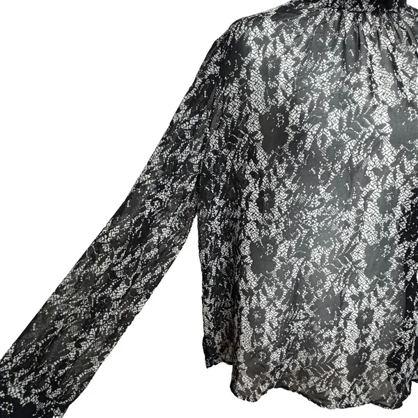 Who What Wear Blouse Black Floral Lace Print Mock Neck‎ Victorian Semi-Sheer L - Image 2
