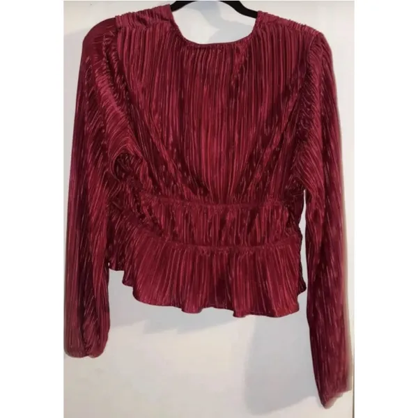 Lulus Luxe Designs Wine Red Plisse Satin Long Sleeve Tie-Front Top Sold Out - Image 4