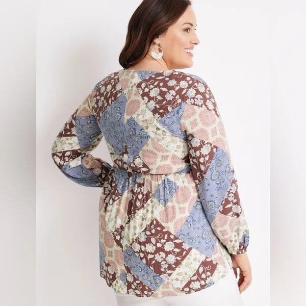 Maurice’s plus long sleeve boho patchwork smocked peplum top size 1X - Image 2