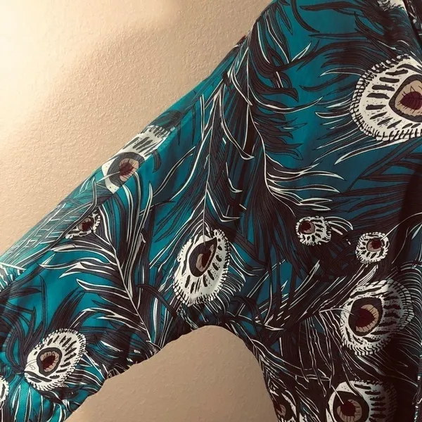 NY Collection Teal peacock feather print cardigan - Image 4
