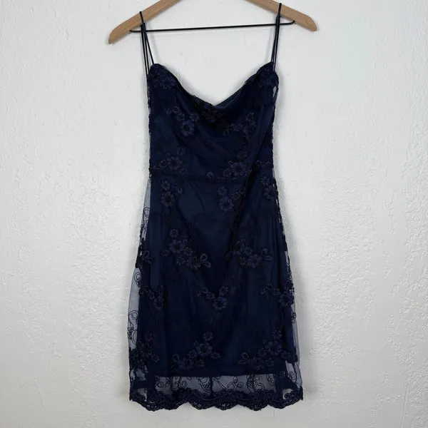 Lucy in the Sky Navy Blue Floral Mesh Open Back Mini Dress Size Large - Image 2