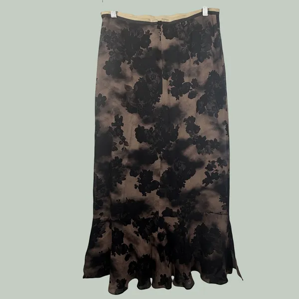 VTG Drama Floral Bias Cut Maxi Skirt 8 Taupe Black Made USA‎ Dark Academia - Image 3
