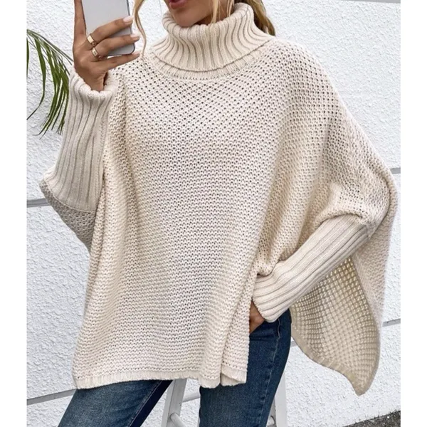 Shein Womens Turtleneck Batwing Sleeve Knit Poncho Size 6 Beige Sweater Relaxed - Image 3