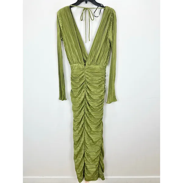 Lulus Seren Olive Green Plisse Surplice Maxi Dress Formal Long Sleeve Small NWT - Image 9