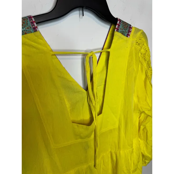 White Mark Yellow Embroidered Tunic Dress L Boho Kimono Sleeve Beach Coverup - Image 7