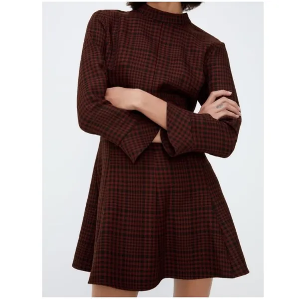 Zara Red & Black High Neck Plaid A-Line Mini Dress Women XS Skater‎ Girl Preppy - Image 12