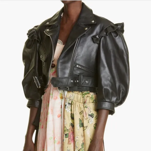 Simone Rocha Black Leather Jacket with Ruffle Accents Size 6 - Image 3