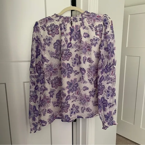 NWT LOFT Floral Smocked Puff‎ Sleeve Ruffle Blue White Blouse - Image 5