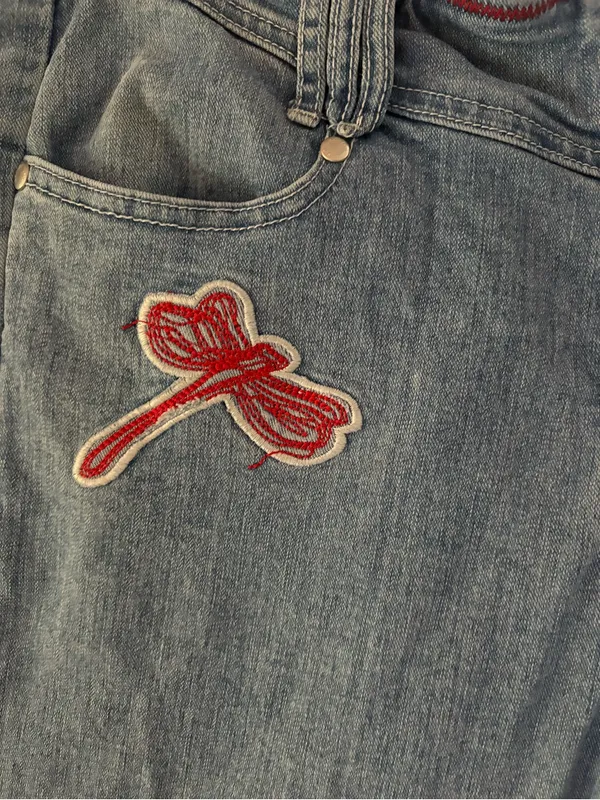 Women's Blue Flare Jeans with Red Dragonfly Patch Size undefined - Image 3