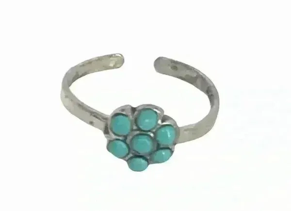 925 STERLING SILVER BEADED FLOWER ADJUSTABLE OPEN TOE RING SIZE XS Green - Image 5