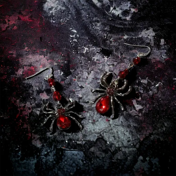 Spider Design With Red Faux Zircon Inlaid Dangle‎ Earrings Retro Goth Style - Image 4