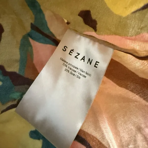 Sezane Anya Wrap Silk Blend Multicolor Tropical‎ Print V-Neck Blouse Size 34 - Image 7