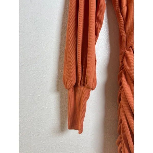 Hello Molly Dress Small Long Sleeve Cutout Ruched Mini Burnt Orange Ribbed Twist - Image 4