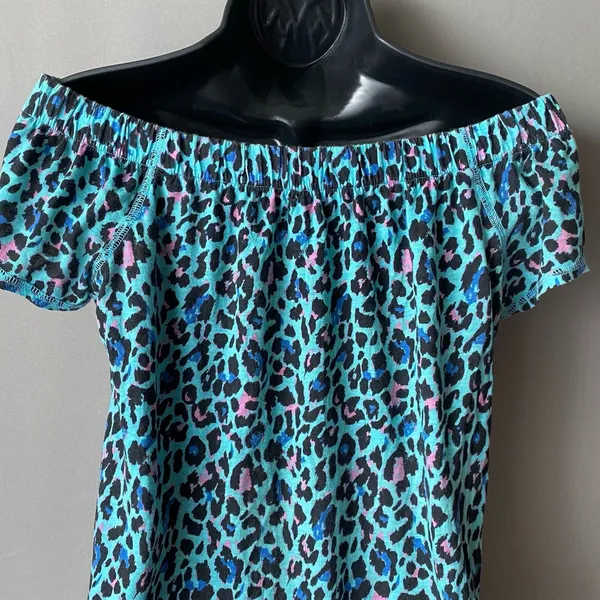 Vintage‎ Beach XS Teal Pink Leopard Off Shoulder Mini Dress Animal Print Summer - Image 10