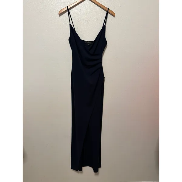 Lulus Formal Dress Sz M Navy Blue Maxi Surplice Ruched Side Slit Wedding Guest - Image 3