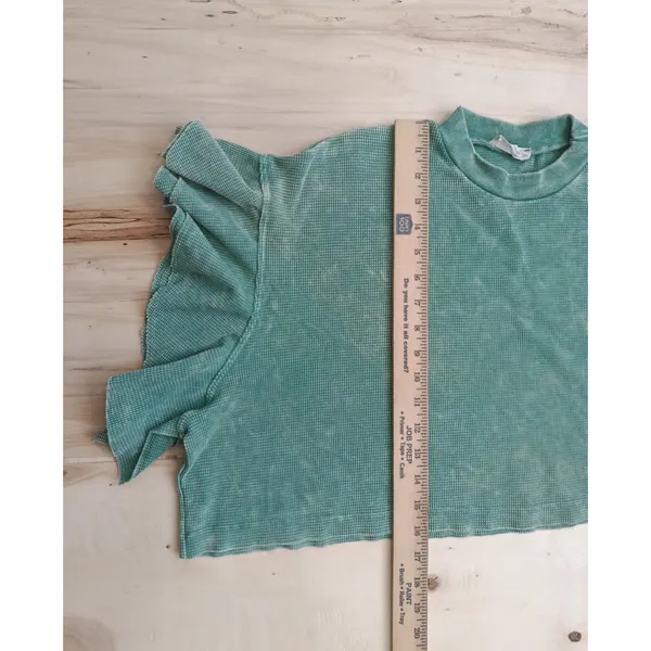 Altar'd State Sage Green Waffle Knit Ruffle Sleeve Crop Top Size Small EUC - Image 9