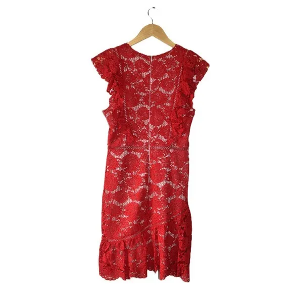 Lace Dress Women Small Red Excellent Flutter Sleeve Tiered Ruffle Mini - Image 4