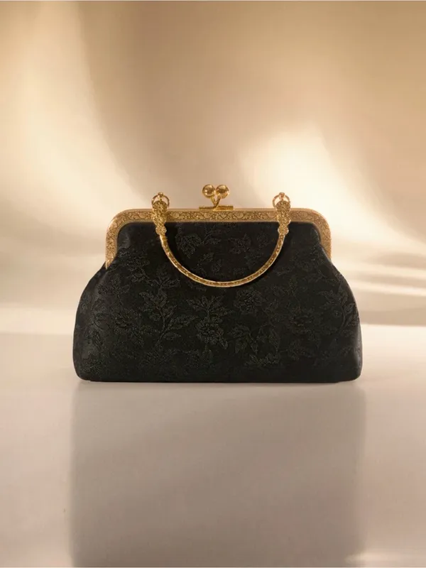 SHEIN Black Jacquard Evening Clutch with Gold Frame - Image 4