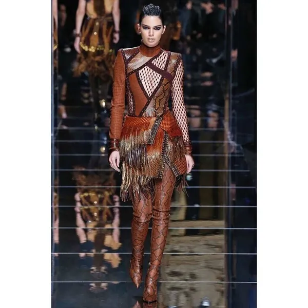 Balmain F17 Runway Skirt Brown Tribal Lamb Leather Fringe Brass Kendall Jenner - Image 2
