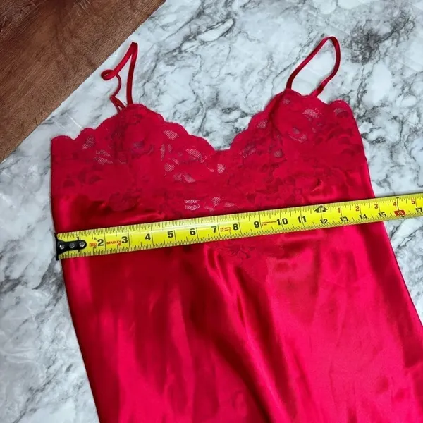 Vintage Victoria’s Secret Y2k Silky Slit Red Maxi Slip Dress Rosette Lace Medium - Image 7