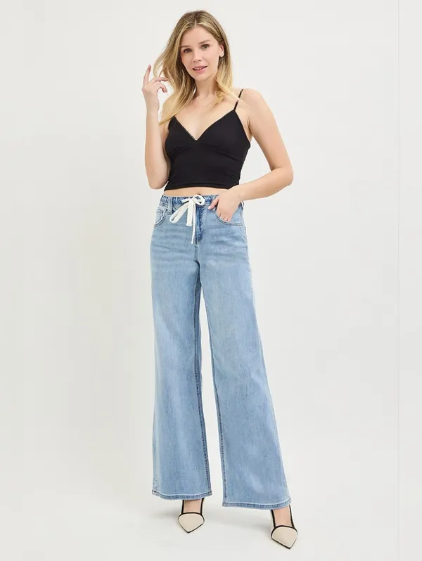 RISEN Light Wash Wide Leg Jeans Elastic Cinch Tie Waist Slouchy Various NEW - Image 2