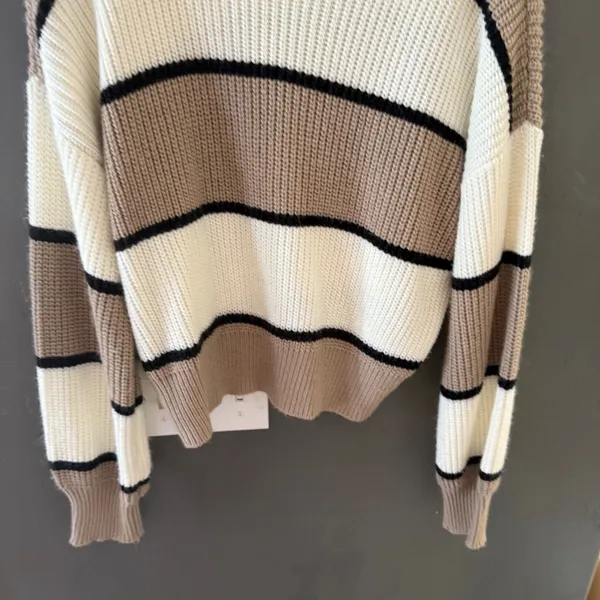 SheIn Preppy Womens Striped Mock‎ Neck Chunky Knit Sweater Beige Cream Black Size M - Image 3