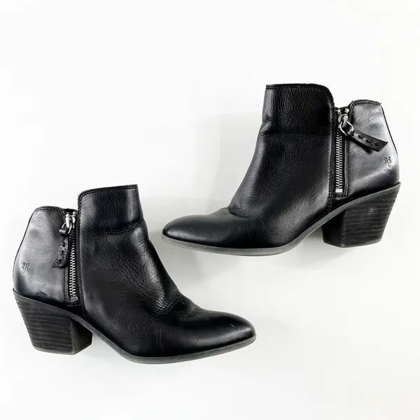 Frye Judith Leather Block Heel Almond Toe Zip Ankle Bootie Black 7 - Image 3