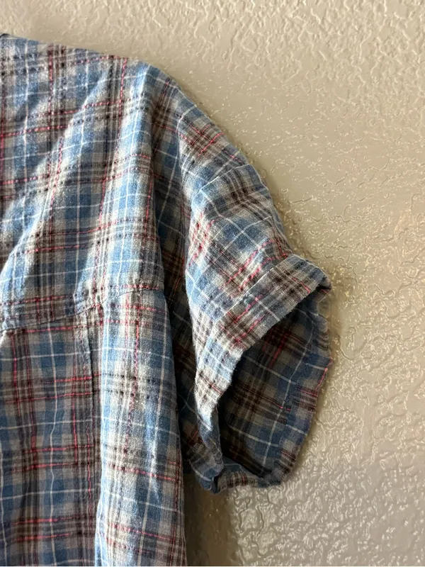 Easel Blue Plaid Babydoll Tunic Top S Oversized Boho Cottagecore Peasant - Image 7