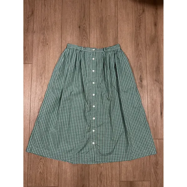 VINTAGE Eagles Eye Collectibles Green Gingham Button Front Midi Skirt Cotton L - Image 2