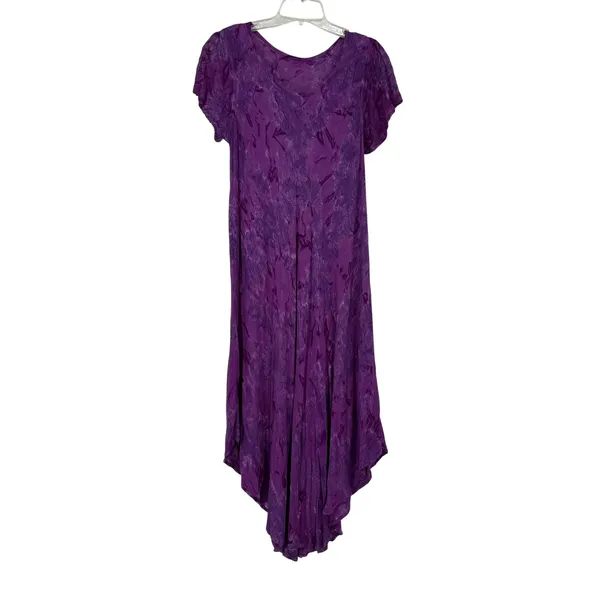 Purple Tie‎ Dye Maxi Dress Bohemian Festival Flowy Asymmetrical Hem Short Sleeve - Image 3