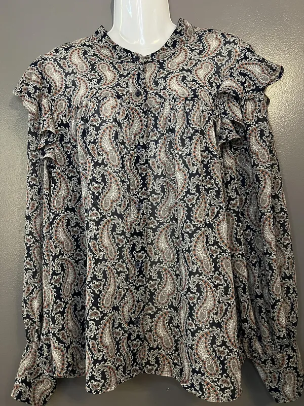 Banana Republic Blouse Womens XL Black Paisley Ruffle Henley Long Sleeve Top - Image 2