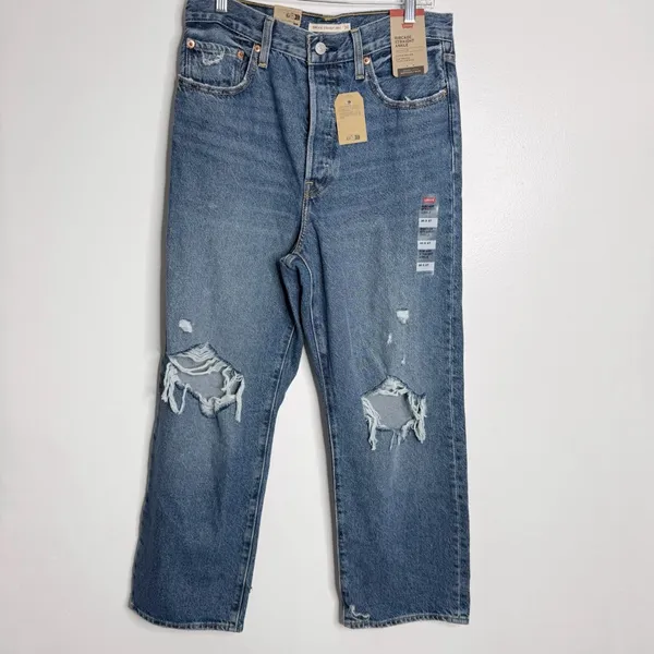 NWT Levis Ribcage Straight Ankle Jean Distressed Blue‎ 30 × 27 Minimal Grunge - Image 3