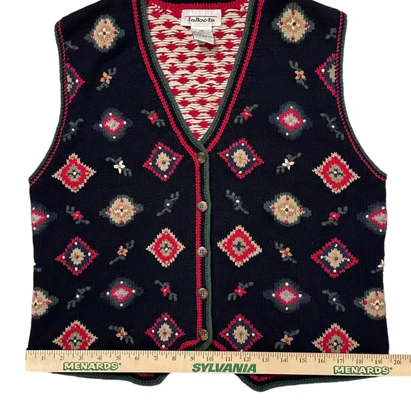 Vintage Talbots Button Down Vest Blue Floral/Holiday Women's‎ Size Medium - Image 9