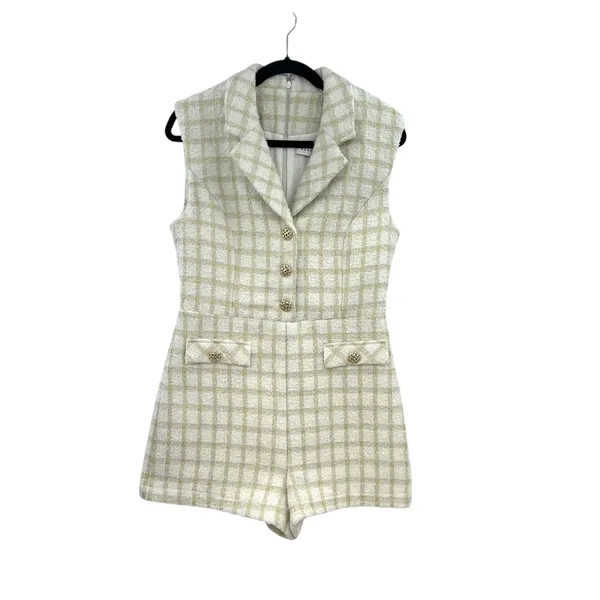 Endless Rose Suited Tweed Romper Plaid Check White Gold‎ Size Medium - Image 3