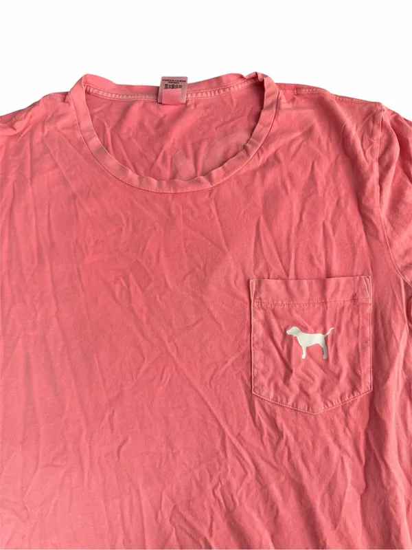 Victoria's Secret PINK Short Sleeve Pocket T-Shirt Coral Pink Script Logo Large - Image 6
